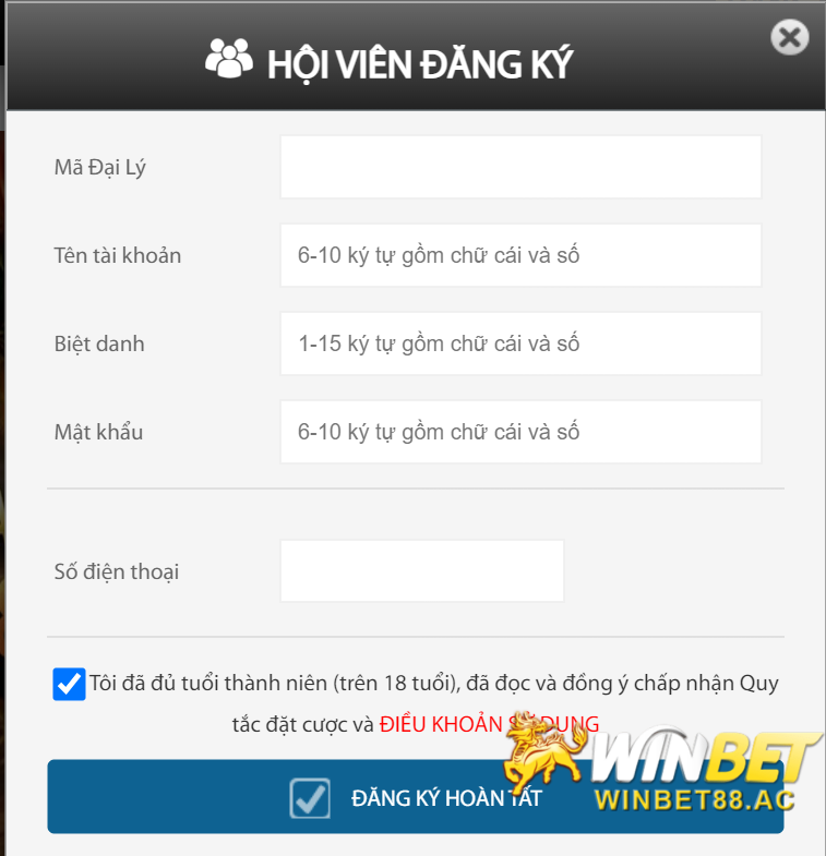 Điền thông tin để đăng ký Winbet
