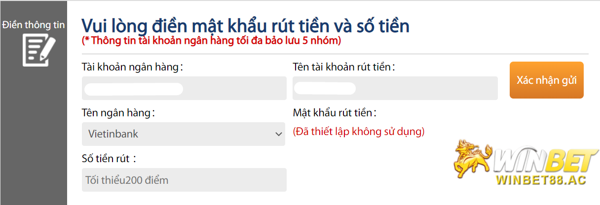 Điền thông tin để rút tiền 