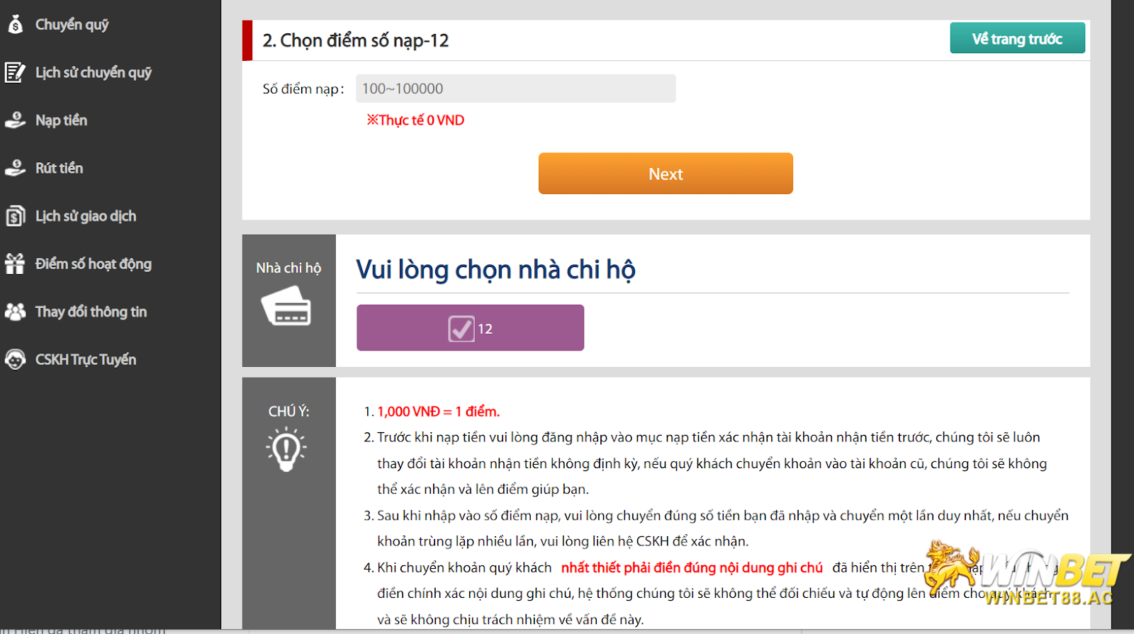 Nạp tiền chuyển khoản online tại Winbet