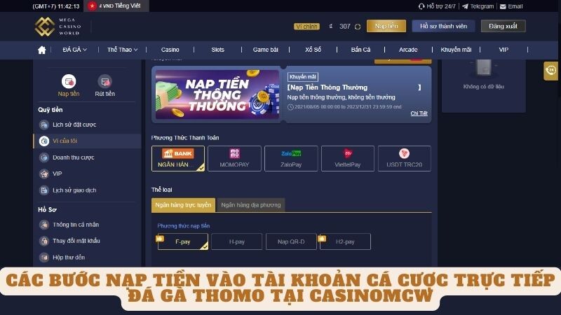 Các bước nạp tiền vào tài khoản cá cược trực tiếp đá gà thomo tại casinomcw